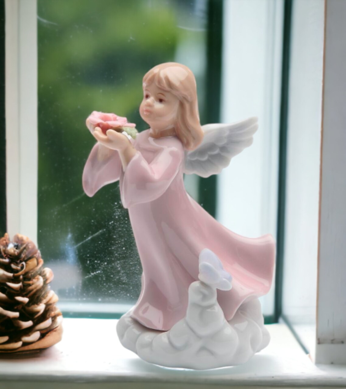 Ceramic Angel Girl with Rose Flower Figurine, Religious Décor, Religious Gift, Church Décor, Church Gift, Baptism Gift